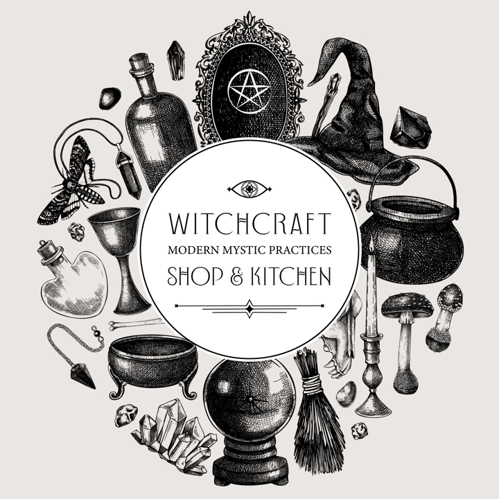 Witch party invitation design. Minimalist witchcraft frame, banner, flyer. Vinatge Halloween sketches. Hand-drawn vector illustration. NOT AI generated